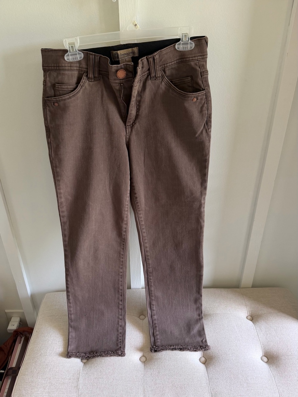 Democracy Cropped Skinny Jeans in Chocolate Brown with Frayed Hem